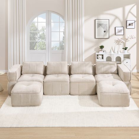 Sofá modular de 4 plazas sin marco, en forma de U, con 2 otomanas, espuma de alta densidad 32D, tapicería de tela suave y cómoda, antideslizante, para salón, no requiere montaje, color beige. (1/5)