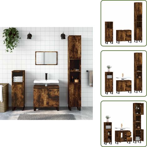 3-tlg. Badmöbel-Set Räuchereiche Holzwerkstoff - Badezimmer Möbel - Badmöbelset - Holzbadmöbel - Eichenholz Badmöbel - Unterschrank (1/5)