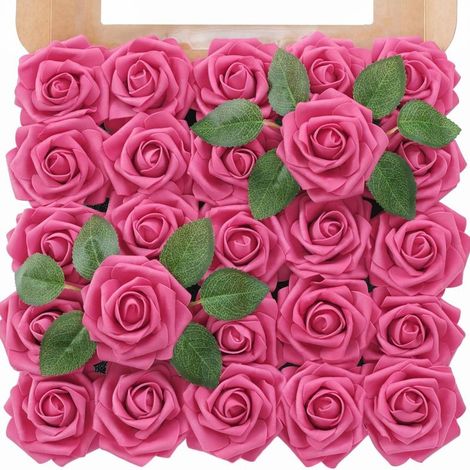 (Rose foncé)Lot de 25 roses artificielles en mousse ivoire avec tiges pour bouquets de mariage, centres de table de fête, arrangements, décorations de table de fête (1/5)