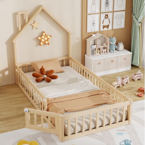 MEUBLIV Kinderhausbett 90x200 cm natur – Dach mit Schornstein und Schutzgitter, ohne Matratze (1/5)