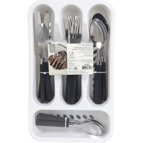 Range ménagère blanc avec 16 pièces en inox manches noirs en plastique