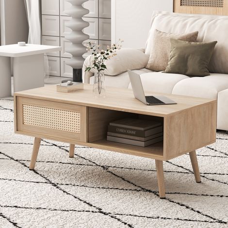Mesa de centro fija FloraGrace 105x55x41,5 cm de madera natural con almacenaje (1/5)