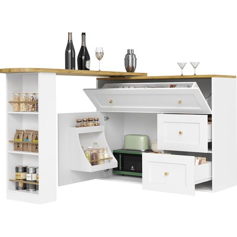 Buffet Cuisine,Îlot de Cuisine Extensible 138-204×39×105cm,Table Bar 360°avec 2 tiroirs & étagère à snacks,Blanc