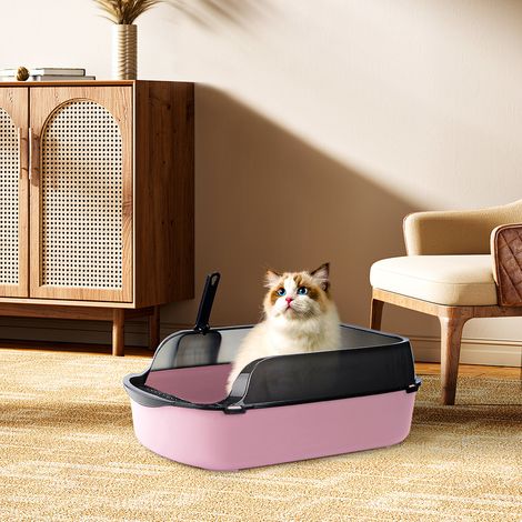 Large Peach Pink High Fence Semi-enclosed Cat Litter Box with Scoop 50cm W x 34cm D x 18cm H (1/5)