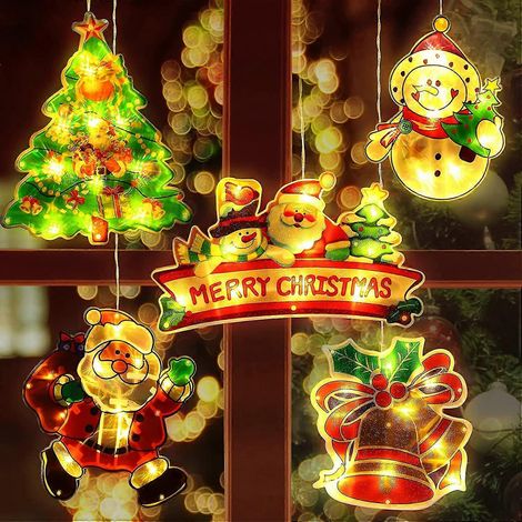 5-teiliges Weihnachtsfenster-Lichter-Set, beleuchtete Weihnachtsfenster-Silhouette, batteriebetriebene Lichterkette mit Saugnapfhaken (1/5)