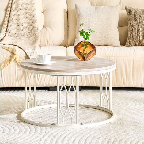 Table basse ronde 70x70x40,5 cm blanche, plateau effet bois, structure métal géométrique MEUBLIV (1/5)