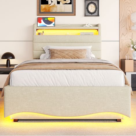 letto letto 90x200 contenitore LED beige OKMYHOME (1/4)