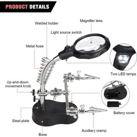 Troisième Main 3.5 x 12 x Loupe de Table Support 2 LEDs Loupe sur Pied pour Ingénieur Électronique Cosmétologie Médical Horloger Montre Réparation (1/4)