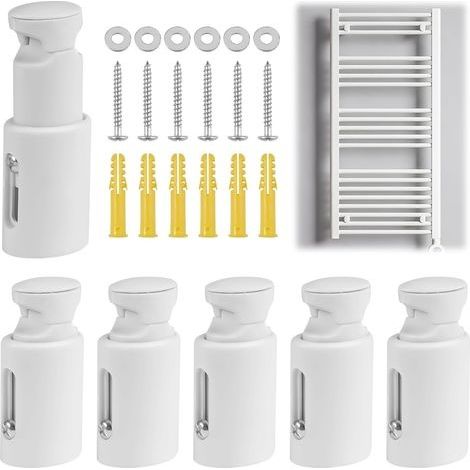 6 Pièces Fixation Seche Serviette, Support Seche Serviette, Support Radiateur Mural, Support Universel pour Seche Serviette, Convient aux Radiateurs de Salle de Bains Droits ou Courbés (Blanc) (1/5)