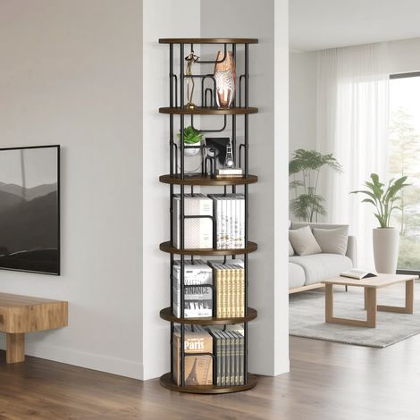 Bibliothèque Rotative à 360° en Bois Étagère Livre Tournante à 5 Niveaux, 45x45x160cm, Meuble de Rangement Ouvert pour Salon, Bureau, Salle à Manger, Chambres, Brun