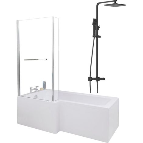 1700mm Bathroom L Shaped Bath Mixer Shower Screen LH White with Front Panel (1/5)