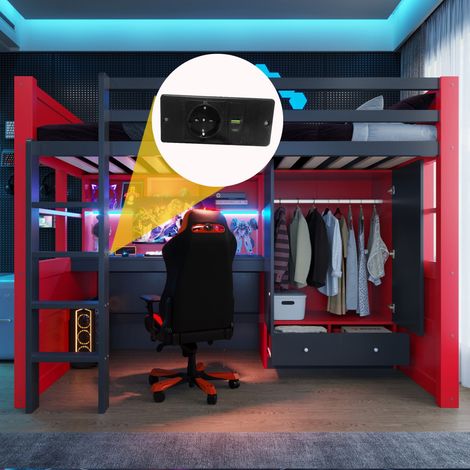 Lit mezzanine 90x200cm avec échelle, table, penderie, tiroirs et rangements, lit simple enfant ado style gamer rouge et noir (sans Matelas) (1/5)