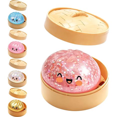 Dumpling Squishies, Glitter Dumpling oy with Steamer Box,Cute Glitter Rainbow Dumplings Squishiest avec Visage,Stress & Anxiety Relief Toys Géant Relief Sensory Ball Soft Squeeze Sensory Toys (1/5)