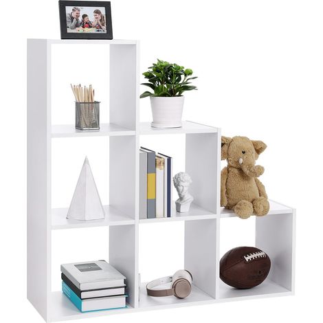 Bibliothèque, Étagère Escalier, Cloison Séparateur, Meuble de Rangement, 6 Compartiments, pour bureau, salon, chambre, Blanc LBC63WT (1/5)