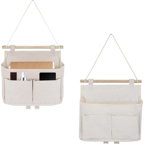 Mural en Lin Pliable Suspendu, 2 Sacs Étagère de Rangement Suspendue, Sac de Rangement Mural Pliable, pour la Salle de Bain, le Bureau, Intérieur, Blanc (1/4)