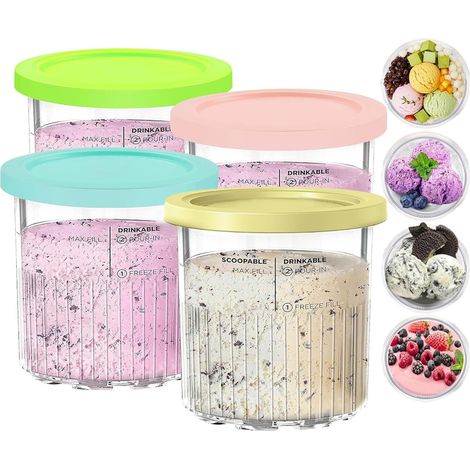 Contenitori per gelato [4 contenitori riutilizzabili, modello NC500 NC501, realizzati in plastica di qualità, con tappi colorati, dimensioni 4,8 x 5,1 pollici] (1/4)