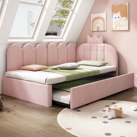 DESVIAE Lit banquette enfant avec lit gigogne 90 x 200 cm velours rose design couronne et barrières en L lit d appoint 90 x 190 cm pour chambre enfant et chambre d amis (1/5)