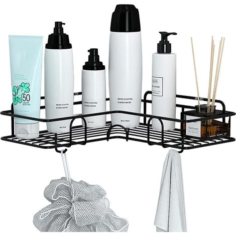 Étagère d'angle de douche avec crochets de suspension, noire, fixation adhésive sans perçage, antirouille, organisateur de salle de bain noir