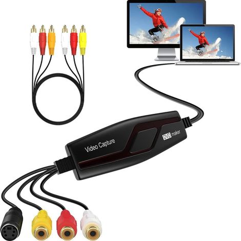 Vidéo Capture - Convertisseur vidéo pour RCA vers USB - Convertisseurs VHS VCR Hi8 Mini DV en numérique - pour PC, TV, Lecteur de Cassette, caméscope, Mac OS X ou Windows(Noir-1)