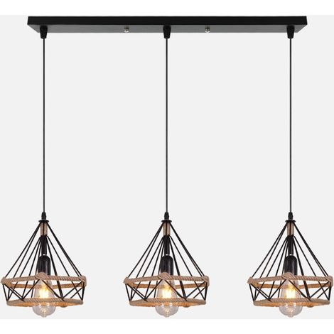 Wottes – Lustre suspension 3 lumières en corde de chanvre E27 – Longueur 50 cm – Ajustable jusqu'à 100 cm – Pour salon, couloir, cuisine noir (1/5)