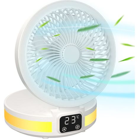 Tischventilator, faltbar, leise, wiederaufladbar, tragbar, mit Nachtlicht, 4 Geschwindigkeitsstufen, 100°-Oszillation für Zuhause, Büro, Schlafzimmer, Reisen (Weiß) (1/5)