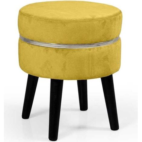 POUF SGABELLO POGGIAPIEDI TONDO STRUTTURA IN LEGNO SEDUTA IN VELLUTO COLORE OCRA 35  41H CM GAMBE NERE