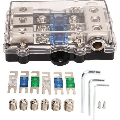 Support ANL 3 entrées 3 sorties porte-fusible avec 6 fusibles, bloc en alliage de zinc nickelé pour circuit DC voiture, camping-car, yacht. (1/5)