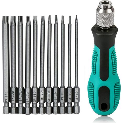 Lot de 12 tournevis Torx T6-T40, 1/4" magnétiques Torx avec trou S2 en acier hexagonal, jeu d'embouts pour visseuse sans fil T20 T25, longueur 75 mm (1/5)