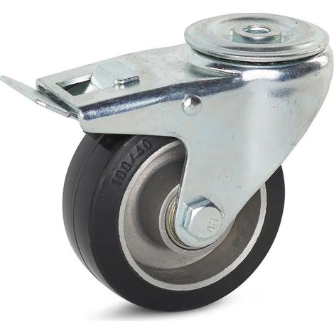 Roulette pivotante freinée - MESO - Caoutchouc élastique noir - 100mm - Trou central - 220kg