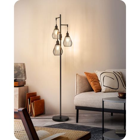 EDISHINE Stehlampe Wohnzimmer, 3-flammige Stehleuchte Dimmbar mit E27 LED-Glühbirnen, Käfig Lampenschirm aus Metall, 2700K warmweiß, Industrial Standleuchte für Schlafzimmer und Büro, 166 cm, Schwarz (1/5)