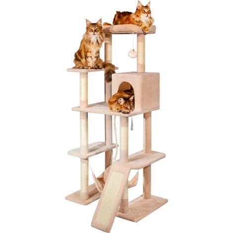 Arbre a chat XL, Griffoir pour chat, 1 Perchoir, 1 Niche, 1 Hamac, Balle, Colonnes en Sisal, Peluche, Multi-niveaux Tour Hauteur 160cm, beige, PAITSY