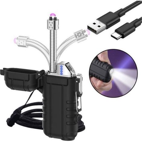 Briquet à arc électrique rechargeable par USB long avec lumière et sifflet d'urgence portable étanche coupe-vent sans flamme Noir (1/5)