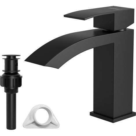 Janlemny Brushed Nickel Waterfall Basin Mixer Tap Square Spout with Pop Up Waste Single Lever Bathroom Sink Tap UK Standard