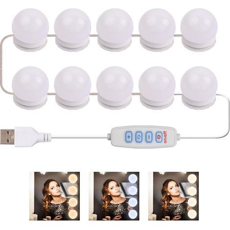 10 Hollywood Style LED Bulbs, 3 Color Mirror Lights, 5m USB Cable, For Makeup Vanity (1/5)