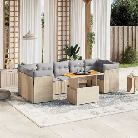 Ensemble Salon Jardin 8 Places Résine Tressée Beige avec Table Modulable et Coussins Gris Lavables (1/3)