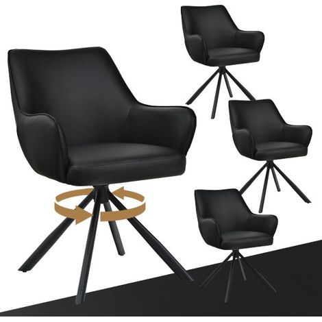 Bon Furni Kunstleder Esszimmerstuhl Schwarz, 4er Set, 360° drehbar, ergonomisch mit Federkern, unsichtbarem Reißverschluss & verstellbaren Füßen