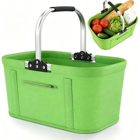 Grand panier de courses, pliable, 30 l, panier de pique-nique, panier de transport, pratique avec barres en aluminium, sac de courses familial pour camping, pique-nique (vert) (1/5)