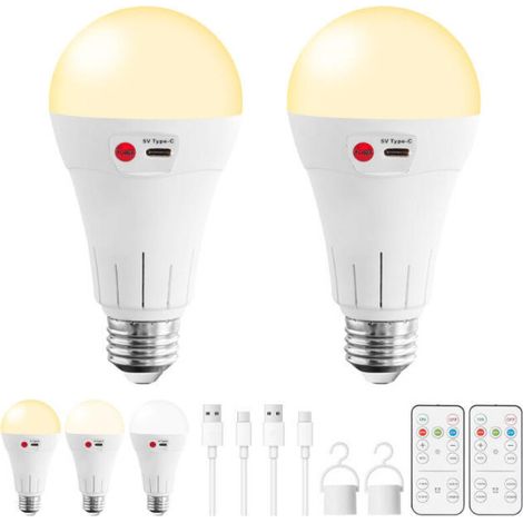 2-Pack Rechargeable LED Light Bulbs with Remote Control, E26/E27 Base, Wireless Battery Powered Emergency Light Bulbs (1/5)