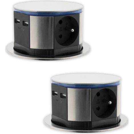 Otio – Bloc multiprise encastrable compact LED 3 prises 16A 2P+T + 2 ports USB – Finition inox – Ouverture push-up – Câble 1.5m