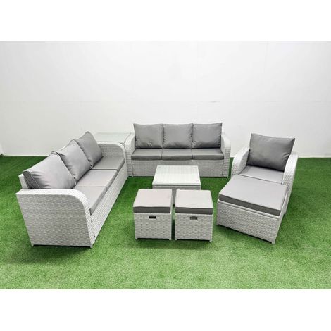 Fimous 10 Seater Poly Rattan Outdoor Garden Furniture Square Coffee Table Sofa Set Patio 3 Seater Sofa Reclining Chair 3 Seater Sofa 3 Stools Side Table Light Grey (1/4)