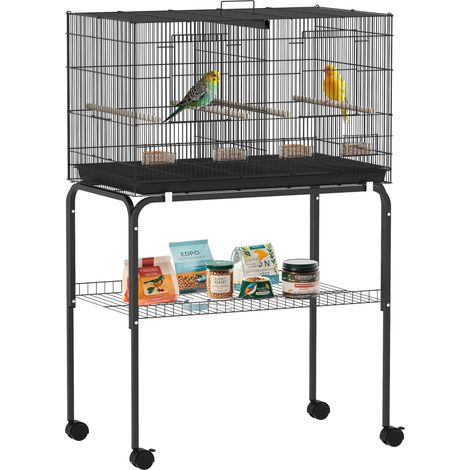 Cage à oiseaux avec séparateur, mangeoires, plateau amovible et support pour canaris et perruches 76x46x46/116 cm Noir (1/5)