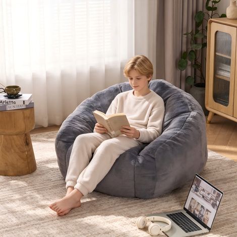 Fauteuil pouf monoplace moelleux — Sans assemblage — Idéal pour les coins lecture du salon ou les chambres d'enfants — Conçu pour les adolescents — 98x98x60 cm — Gris (1/5)