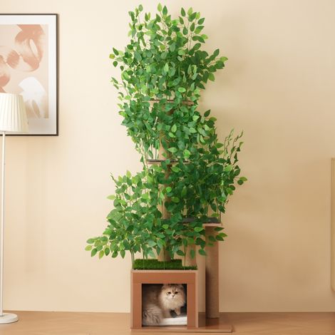 Árbol para gatos de MDF verde con 4 plataformas, cama y función de rascado para trepar y esconderse, 60 x 45 x 190 cm (1/5)