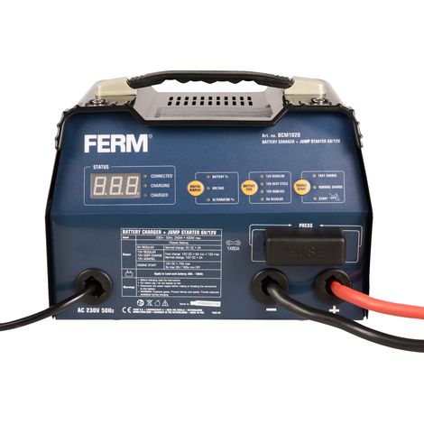 Ferm – Chargeur de batterie moto BCM1020 – 6V/12V – Courant de charge 2A/6A/12A – Démarrage 75A – Protection surcharge et court-circuit