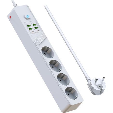 Multiprise avec USB, 4 Prises Rallonge Electrique Multiprise Plate Murale avec Interrupteur, 3000W/10A Bloc Prise Multiple avec Surtension et Cable 1.8m pour Bureau Maison Cuisine (Blanche) (1/5)