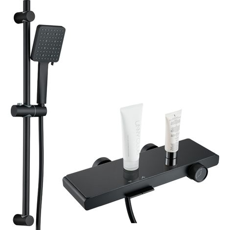 Auralum Max Grifo Bañera con Ducha y Caño, Diseño Piano con Estante Amplio para Baño, Columna Ducha Ajustable con Alcachofa Ducha 6 Funciones, Barra Ducha Regulable, Flexo PVC 1,5 m Antitorsión, Negro (1/5)