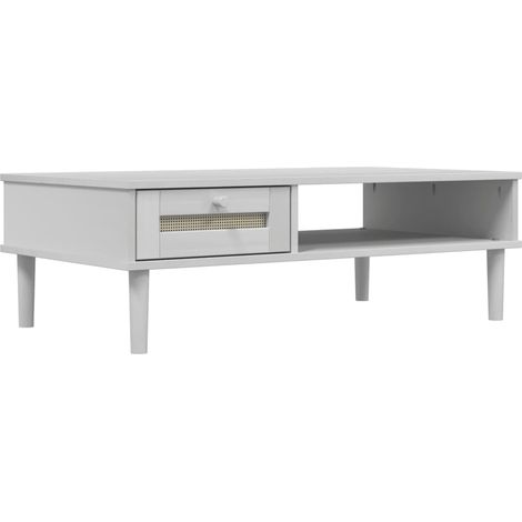 Mesa de centro con cajón, diseño moderno y contemporáneo, aspecto ratán, 100 x 55 x 33 cm, madera maciza, blanco DEC039921