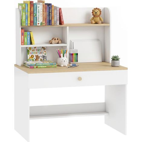 Bureau enfant en bois avec grand plateau tiroir et étagères de rangement 80 x 50 x 100 cm Blanc (1/5)