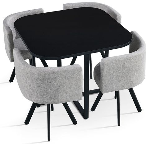 Table carrée 90cm avec 4 chaises gain de place Oslo Noir et Tissu Gris