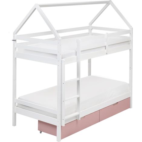 Litera de madera de pino dormitorio infantil en forma de casa con cajones rosa blanco 90 x 200 cm Ternas
